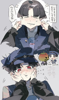  1boy 1girl ? absurdres black_dress black_hair blue_hat blue_jacket cheek_pull chibi chibi_inset closed_eyes commentary_request dress grey_background hands_on_another's_cheeks hands_on_another's_face hat highres jacket looking_at_viewer maruko_gaku masked multiple_views nasix68 oosuzuki_kurara pov pov_hands red_eyes shirt short_hair simple_background sweat sweatdrop the_hundred_line_-last_defense_academy- translation_request white_shirt 