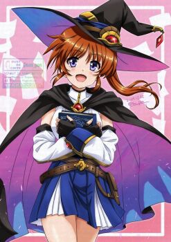  1girl black_cape blue_eyes blue_skirt book border brown_hair cape commentary_request floating_hair grimoire hat highres holding holding_book hugging_object long_hair looking_at_viewer lyrical_nanoha magical_girl open_mouth outside_border parted_bangs pink_background san-pon simple_background skirt smile solo takamachi_nanoha two-sided_cape two-sided_fabric upper_body white_border wispy_bangs witch witch_hat 
