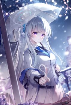  1girl absurdres black_pantyhose blue_archive blue_necktie breasts closed_mouth collared_suit commentary cup drawn_heart dutch_angle formal_clothes glass glass_writing guzangnanfeng halo headgear highres holding holding_umbrella index_finger_raised jacket lens_flare long_hair long_sleeves looking_ahead mechanical_halo medium_breasts mug necktie night noa_(blue_archive) off_shoulder pantyhose pleated_skirt purple_eyes railing skirt snow solo standing suit transparent transparent_umbrella umbrella very_long_hair white_hair white_halo white_jacket white_skirt white_suit window wing_collar winter 