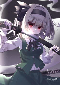  1girl adako_yunagi angry black_bow black_bowtie black_hairband bow bowtie breasts commentary_request green_skirt green_vest grey_hair hairband highres hitodama hitodama_print holding holding_sheath holding_sword holding_weapon katana konpaku_youmu konpaku_youmu_(ghost) long_sleeves looking_at_viewer medium_breasts medium_hair red_eyes sheath shirt skirt skirt_set solo sword textless_version touhou twitter_username unsheathing vest weapon white_shirt youmu_day 