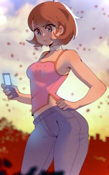  1girl absurdres armpit_crease bare_arms bare_shoulders blue_pants blurry blurry_background blurry_foreground breasts brown_eyes brown_hair camisole cellphone choker closed_mouth cloud cloudy_sky commentary denim earrings eyes_visible_through_hair falling_leaves feet_out_of_frame flip_phone flipped_hair gjh hand_on_own_hip heart heart_choker highres holding holding_phone jeans jewelry leaf medium_breasts midriff_peek official_alternate_costume outdoors pants persona persona_3 phone pink_camisole short_hair sky solo standing stud_earrings takeba_yukari v-shaped_eyebrows white_choker 