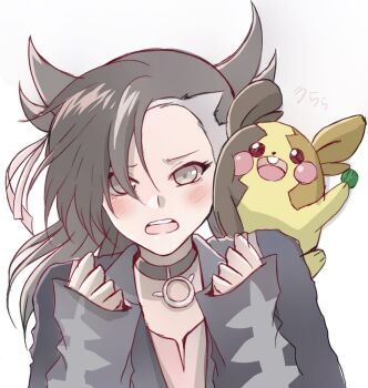  1girl asymmetrical_bangs black_choker black_hair choker commentary english_commentary enjelicious gen_8_pokemon grey_eyes marnie_(pokemon) morpeko morpeko_(full) nintendo on_shoulder open_mouth pale_skin pokemon pokemon_(creature) pokemon_on_shoulder pokemon_swsh teeth undercut upper_body upper_teeth_only 