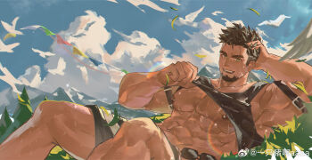  1boy abs bara brown_hair day feet_out_of_frame highres large_pectorals lifting_own_clothes male_focus medium_sideburns muscular muscular_male nipples original pectorals short_hair sideburns sitting solo sparkling_sweat sweat thick_eyebrows very_sweaty yi_zhi_zhu_a_aaaa 