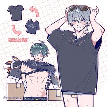  2boys abs ahoge arms_up arrow_(symbol) artist_name bandaged_arm bandages bandaid bandaid_on_leg bandaid_on_neck bangboo_(zenless_zone_zero) belt black_belt black_shirt blush borrowed_clothes box cardboard_box chest_belt closed_mouth collarbone commentary_request cosplay crossed_bangs english_text eous_(zenless_zone_zero) eyewear_on_head flying_sweatdrops green_eyes green_hair grey_hair grey_male_underwear grid_background grin hair_between_eyes hair_intakes hair_over_one_eye hands_on_eyewear hickey highres lighter_(zenless_zone_zero) looking_at_viewer male_focus male_underwear multiple_boys multiple_scars navel one_eye_covered oversized_clothes oversized_shirt parted_bangs pectorals scar scar_on_chest scar_on_stomach shirt short_hair short_sleeves smile stomach sunglasses sweat sweatdrop t-shirt teeth twitter_username underwear urouroshiro white_background wise_(zenless_zone_zero) zenless_zone_zero 