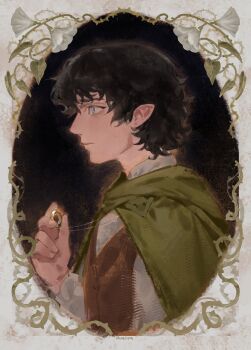1boy absurdres black_hair blue_eyes brown_vest cloak closed_mouth frodo_baggins green_cloak hair_between_eyes halfling highres holding holding_jewelry holding_necklace holding_ring jewelry necklace plazmch pointy_ears portrait profile ring ring_necklace shirt short_hair solo the_lord_of_the_rings tolkien's_legendarium upper_body vest white_shirt