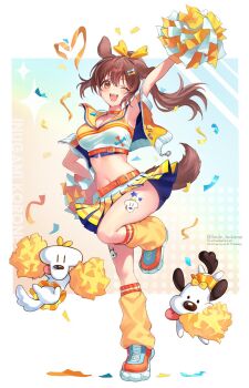  1girl alternate_costume animal_ears arm_up armpits breasts brown_eyes brown_hair cheerleader cleavage commentary_request dog_ears dog_girl dog_tail highres holding holding_pom_poms hololive inugami_korone jacket leg_warmers long_hair looking_at_viewer medium_breasts one_eye_closed pom_pom_(cheerleading) pom_poms ponytail shirt shoes skirt smile solo tail tsubameno virtual_youtuber white_shirt white_shoes white_skirt yellow_jacket yellow_leg_warmers 