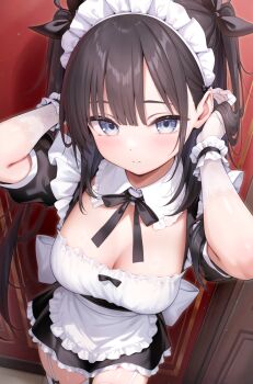  1girl adjusting_hair apron arata_(xin) black_dress black_hair blue_eyes blush breasts cleavage closed_mouth commentary_request detached_collar dress frilled_apron frills from_above garter_straps hair_lift hair_ribbon hands_in_own_hair large_breasts long_hair maid maid_apron maid_headdress original puffy_short_sleeves puffy_sleeves ribbon short_sleeves smile solo standing thighhighs two_side_up waist_apron white_apron white_thighhighs  rating:Sensitive score:6 user:danbooru