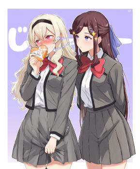  2girls arms_behind_back arrow_(symbol) averting_eyes black_hairband blonde_hair blue_eyes blue_ribbon blush border bow bowtie box breast_pocket brown_hair chibinekopan closed_mouth collared_shirt commentary_request cowboy_shot dotted_line ear_blush embarrassed grey_jacket hair_between_eyes hair_ornament hair_ribbon hairband half_updo hand_up heart heart-shaped_box highres holding holding_box jacket long_hair long_sleeves looking_ahead looking_at_another looking_at_object miniskirt multiple_girls nose_blush open_clothes open_jacket outside_border pink_eyes pleated_skirt pocket purple_background red_bow red_bowtie ribbon saijou_claudine school_uniform seishou_music_academy_uniform shirt shirt_tucked_in shoujo_kageki_revue_starlight sidelocks simple_background skirt skirt_tug sparkle standing sweatdrop tendou_maya translated trembling v-shaped_eyebrows valentine very_long_hair wavy_hair white_border white_shirt x_hair_ornament yuri 