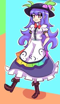  1girl :3 absurdres black_hat blue_hair blue_skirt bow bowtie center_frills closed_mouth commentary commission frilled_skirt frills full_body hair_ornament hat highres hinanawi_tenshi leaf_hair_ornament long_hair looking_at_viewer peach_hat_ornament red_bow red_bowtie red_eyes short_sleeves skirt smug_suriipi solo touhou 