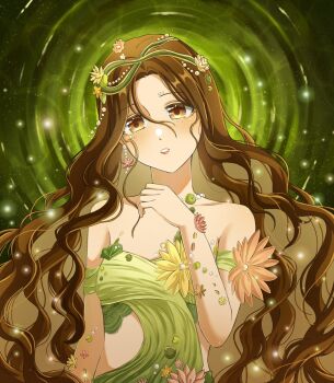  1girl a_drowning_canvas_(shining_nikki) bare_shoulders bead_choker beads brooch brown_eyes brown_hair collarbone colored_inner_hair commentary detached_sleeves dot_nose dress dress_flower earrings english_commentary expressionless face_piercing flower flower_brooch flower_earrings forehead_piercing freckles green_background green_dress green_headband green_sleeves hair_beads hair_between_eyes hair_flower hair_ornament hand_on_own_chest head_tilt headband highres ibispaint_(medium) jewel_under_eye jewelry light_blush light_particles lily_pad lipstick long_hair makeup making-of_available multicolored_hair nikki_(series) nonoberry22 official_alternate_color orange_flower parted_lips piercing pink_lips ripples shining_nikki short_sleeves side_slit solo straight-on strapless strapless_dress teeth upper_body very_long_hair water_lily_flower wavy_hair wrist_flower yellow_flower 