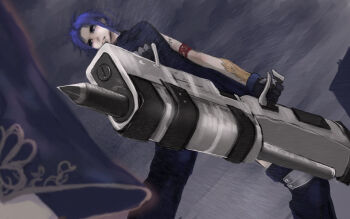  1girl bare_shoulders blue_dress blue_eyes blue_hair bodysuit boots breasts ciel_(tsukihime) dress from_below game_cg glove_cuffs gloves holding holding_weapon huge_weapon medium_breasts multiple_girls non-web_source overcast pile_bunker powered_ciel rain seventh_holy_scripture short_hair skirt sky sleeveless sleeveless_bodysuit sleeveless_dress solo tattoo the_law_of_contradiction thigh_boots thighhighs tsukihime weapon wing_tattoo 