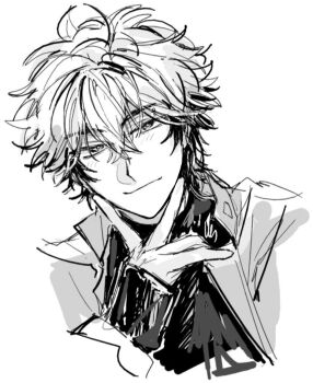  1boy ahoge blush closed_mouth gloves greyscale hair_between_eyes hand_on_own_chin hand_up jacket looking_at_viewer male_focus messy_hair monochrome multicolored_hair shiguang_dailiren shirt short_hair simple_background sketch sleeves_past_wrists smile solo stroking_own_chin turtleneck two-tone_hair tyoookozuki upper_body v white_background xia_fei 