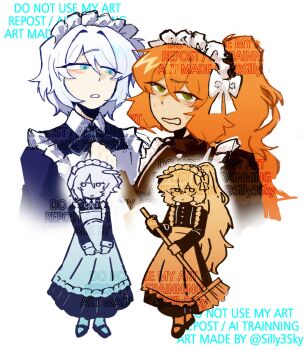  2girls apron black_dress black_shoes blue_eyes blush broom commentary dress english_commentary faust_(project_moon) high_ponytail highres holding holding_broom ishmael_(project_moon) limbus_company long_hair maid_apron maid_headdress multiple_girls neck_ribbon open_mouth orange_hair ponytail project_moon ribbon shoes short_hair silly3sky simple_background twitter_username very_long_hair white_background white_hair 