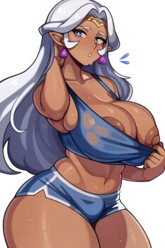  1girl blue_gemstone blue_shorts blue_sports_bra blush breasts clothes_pull curvy dark-skinned_female dark_areolae dark_nipples dark_skin earrings exhausted gem gold_tiara hair_rings highres jewelry large_breasts long_hair looking_at_viewer melonpuff midriff nipples parted_lips pointy_ears princess_allura pulling_own_clothes shorts simple_background solo sports_bra sports_bra_pull sportswear stomach sweat sweatdrop thick_thighs thighs tiara triangle_earrings voltron:_legendary_defender voltron_(series) white_background white_hair wide_hips  rating:Explicit score:44 user:danbooru