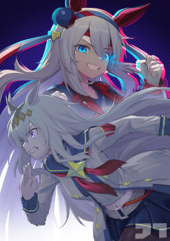 2girls absurdres anaglyph belt black_pantyhose blue_eyes blue_hairband blue_jacket blue_ribbon blue_sailor_collar blue_skirt clenched_teeth commentary ear_covers english_commentary eye_trail fingerless_gloves flaming_eye gloves grey_belt grey_hair grin hair_between_eyes hair_ornament hairband headband highres horse_girl jacket jtleeklm light_trail long_hair long_sleeves midriff mixed-language_commentary multiple_girls navel neckerchief oguri_cap_(starlight_beat)_(umamusume) oguri_cap_(umamusume) pantyhose pleated_skirt purple_eyes red_headband red_neckerchief red_ribbon ribbon running sailor_collar sailor_shirt shirt skirt smile tamamo_cross_(umamusume) tamamo_cross_(fast_as_lightning)_(umamusume) teeth umamusume umamusume:_cinderella_gray v-shaped_eyebrows white_gloves white_shirt