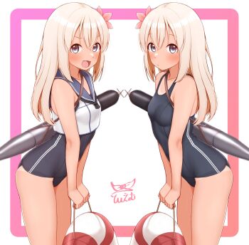  2girls absurdres artist_logo black_one-piece_swimsuit blonde_hair blue_eyes blue_sailor_collar breasts commentary_request cowboy_shot crop_top dual_persona highres kantai_collection lifebuoy logo multiple_girls old_school_swimsuit one-piece_swimsuit ro-500_(kancolle) sailor_collar sailor_shirt school_swimsuit shirt sleeveless sleeveless_shirt small_breasts smile solo swim_ring swimsuit swimsuit_under_clothes tiemu_(man190) torpedo 