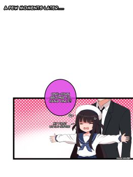  1boy 1girl absurdres anger_vein beret black_hair black_jacket black_necktie blue_neckerchief blue_sailor_collar blue_skirt brother_and_sister closed_eyes commentary eleazarmikai english_commentary english_text engrish_commentary flying_sweatdrops hana_(eleazarmikai) hat high-waist_skirt highres jacket long_sidelocks long_sleeves neckerchief necktie onii-chan_(eleazarmikai) original outstretched_arms sailor_collar school_uniform serafuku shaded_face shirt siblings sidelocks skirt spread_arms two_side_up white_hat white_shirt 