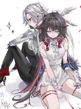  2girls arlecchino_(genshin_impact) artist_name bare_shoulders black_eyes black_hair black_pants blush bow closed_eyes closed_mouth columbina_(genshin_impact) commentary dress earrings english_commentary eye_mask genshin_impact gradient_hair grey_hair grey_jacket hair_ribbon head_wings high_heels highres jacket jewelry knees_up long_hair mask multicolored_hair multiple_girls pants profile red_hair red_pupils ribbon sitting sleeveless sleeveless_dress smile streaked_hair thigh_strap two-tone_hair vanillashiii very_long_hair wariza white_bow white_dress white_ribbon white_wings wings 