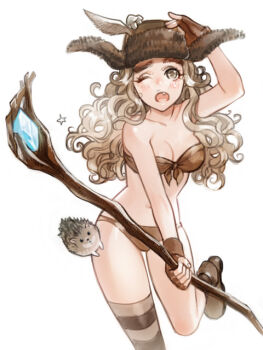  1girl bad_id bad_pixiv_id bikini bird bomber_hat breasts brown_eyes brown_hair cleavage earflap_hat fang female_focus fur_hat genderswap genderswap_(mtf) hat hedgehog long_hair medium_breasts middle_earth one_eye_closed radagast reammara solo staff swimsuit the_hobbit tolkien's_legendarium ushanka wavy_hair wink wizard 