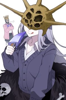  2boys :p absurdres aldrich_devourer_of_gods black_skirt bow bowtie cardigan commentary_request crossed_arms dark_souls_(series) dark_souls_iii dark_sun_gwyndolin food gyaru headpiece highres holding holding_food holding_popsicle idzuki_kenkyu-in long_sleeves masked multiple_boys open_cardigan open_clothes open_collar pink_cardigan pontiff_sulyvahn popsicle purple_bow purple_bowtie purple_cardigan shirt shirt_tucked_in skirt skull tongue tongue_out white_shirt 