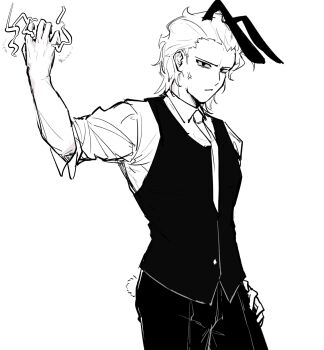  1boy absurdres alternate_costume anger_vein angry animal_ears arm_up black_vest collar commentary_request electricity electrokinesis fake_animal_ears fake_tail hair_slicked_back haman_0110 hand_on_own_hip highres korean_commentary lineart looking_at_viewer male_focus male_playboy_bunny michael_roa_valdamjong monochrome necktie rabbit_ears rabbit_tail sketch sleeves_rolled_up tail tsukihime tsukihime_(remake) vest white_background 