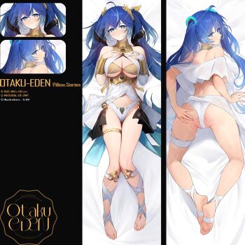  1girl ahoge alternate_breast_size_(larger) ancient_greek_clothes artist_request ass bare_shoulders black_skirt blue_eyes blue_hair blush breasts bridal_gauntlets cleavage closed_mouth commentary_request dakimakura_(medium) feet greco-roman_clothes hand_on_own_ass hands_on_own_chest highres iuno_(wuthering_waves) jewelry knees_together_feet_apart large_breasts laurel_crown leg_wrap logo long_hair looking_at_viewer looking_back merchandise_available multicolored_hair multiple_views otakueden1995 panties partially_visible_vulva second-party_source showgirl_skirt single_bridal_gauntlet skirt soles streaked_hair tacet_mark_(wuthering_waves) thighlet thighs toes twintails underwear vambraces white_bridal_gauntlets white_panties wuthering_waves 