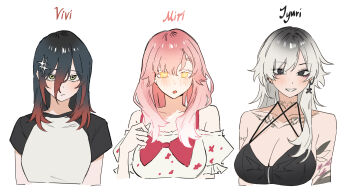  +_+ 3girls arm_tattoo bare_shoulders black_dress black_eyes black_hair blush bow breasts character_name chest_tattoo cleavage closed_mouth commentary cropped_torso double-parted_bangs dress english_commentary gradient_hair green_eyes grey_hair hair_ornament highres jyuri_(shouz) large_breasts long_hair looking_at_viewer medium_breasts miri_(shouz) multicolored_hair multiple_girls multiple_tattoos neck_tattoo open_mouth original parted_bangs pink_hair red_bow shirt short_sleeves shouz simple_background smile t-shirt tattoo vivi_(shouz) white_background white_dress white_shirt yellow_eyes 