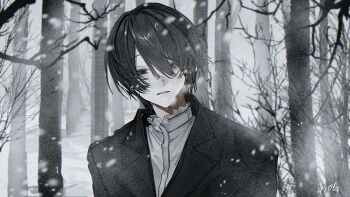  1106_h 1boy absurdres bags_under_eyes bare_tree black_coat black_eyes black_hair breath coat commentary_request dress_shirt empty_eyes forest frilled_shirt_collar frills hair_over_one_eye half-closed_eyes highres lapels light_blush looking_at_viewer male_focus motion_blur muted_color nature notched_lapels original pale_skin parted_lips raised_eyebrows shirt short_hair signature snowing solo straight_hair tree upper_body white_shirt winter 