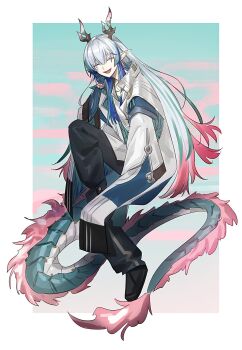  1boy arknights black_pants black_shoes blue_hair border closed_eyes coat commentary dragon_boy dragon_horns dragon_tail facing_viewer gradient_background green_background green_hair highres horns knee_up long_hair male_focus migita multicolored_hair open_mouth pants pink_background pink_hair pointy_ears shoes sleeves_past_fingers sleeves_past_wrists smile solo tail white_border white_coat yi_(arknights) 