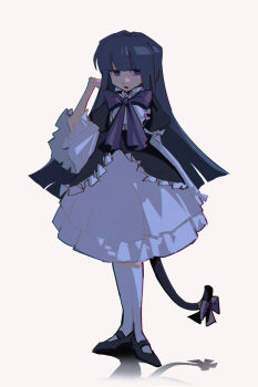  1girl bib_collar black_dress black_shoes blue_hair blunt_bangs blunt_ends bow cat_tail cckm collar commentary dress empty_eyes expressionless frederica_bernkastel frilled_collar frilled_dress frilled_sleeves frills full_body gothic_lolita hand_up highres hime_cut jitome kneehighs layered_dress layered_sleeves lolita_fashion long_hair long_sleeves looking_to_the_side mary_janes open_mouth purple_bow purple_eyes shoes simple_background socks solo standing tail tail_bow tail_ornament umineko_no_naku_koro_ni white_background white_dress white_socks witch 