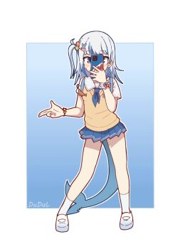  1girl animated animated_gif artist_name ass_shake bare_arms bare_legs blue_background blue_eyes blue_hair blue_neckerchief blue_skirt blunt_bangs blush_stickers cellphone child commentary covered_mouth dancing dudul full_body gawr_gura gawr_gura_(school_uniform) hair_bobbles hair_ornament holding holding_phone hololive hololive_english legs_apart long_hair looking_at_viewer meme miniskirt multicolored_hair neckerchief official_alternate_costume one_side_up outline phone pleated_skirt pokedance_(meme) school_uniform shoes short_sleeves simple_background skirt smartphone socks solo streaked_hair tail tail_wagging vest virtual_youtuber white_hair white_outline white_socks yellow_vest  rating:General score:139 user:danbooru