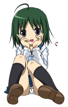  1girl ahoge black_socks blue_jacket blue_skirt blush brown_footwear green_hair grey_eyes hands_on_own_cheeks hands_on_own_face highres jacket loli long_sleeves looking_at_viewer miniskirt_pirates open_mouth panties sakemasu shoes short_hair sitting skirt smile socks underwear ursula_abramov white_background white_panties 