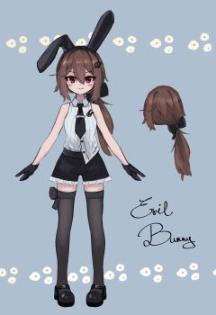  1girl absurdres alternate_costume alternate_hairstyle animal_ear_hairband animal_ears bare_arms bare_shoulders black_bow black_gloves black_hairband black_necktie black_shoes black_shorts black_thighhighs blue_background blush_stickers bow bow_legwear breasts broken_heart broken_heart_hair_ornament brooch brown_hair buckle buttons character_name closed_mouth collared_shirt commentary double-parted_bangs english_commentary english_text evil_neuro-sama fake_animal_ears fang fang_out frilled_shorts frills full_body gloves hair_bow hairband heart highres jewelry light_smile long_hair looking_at_viewer low_ponytail mary_janes necktie neuro-sama one_ear_down partially_unbuttoned pigeon-toed polka_dot ponytail rabbit_brooch rabbit_ear_hairband rabbit_ears red_eyes reference_sheet reivooon ribbed_shirt shirt shirt_partially_tucked_in shoe_buckle shoes short_shorts shorts side_ahoge sidelocks simple_background skin_fang sleeveless sleeveless_shirt small_breasts solo standing straight-on thighhighs tie_clip vedal_ai virtual_youtuber white_shirt wing_collar 