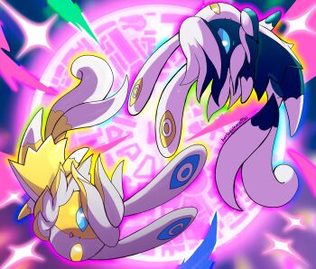  2others absurdres alternate_color blue_fur blue_sclera colored_sclera commentary english_commentary forked_tail full_body furry gen_6_pokemon hair_between_eyes harlequinwaffles heterochromia highres mega_meowstic mega_pokemon meowstic multiple_others nintendo other_focus parted_lips pokemon pokemon_(creature) pokemon_focus pokemon_legends:_z-a shiny_pokemon split-color_fur tail white_fur yellow_eyes yellow_fur 