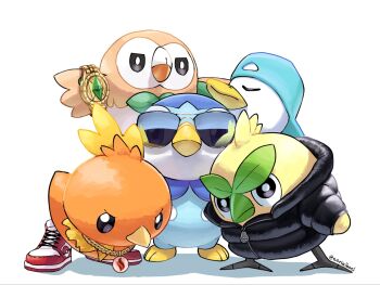 5others backwards_hat bird black_coat blue_hat browt clothed_pokemon coat gen_10_pokemon gen_3_pokemon gen_4_pokemon gen_7_pokemon hat highres jewelry leaning_forward looking_at_viewer multiple_others necklace nintendo padded_coat photo-referenced piplup pokemon pokemon_(creature) quaxly rowlet serialboel shoes simple_background sneakers species_connection sunglasses talons torchic watch wings wristwatch