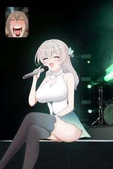  absurdres alternate_breast_size breasts cleavage fan_screaming_at_madison_beer_(meme) firefly_(honkai:_star_rail) highres honkai:_star_rail honkai_(series) large_breasts lyzya sitting skirt stelle_(honkai:_star_rail) thick_thighs thighs trailblazer_(honkai:_star_rail)  rating:General score:14 user:kevinreyesc