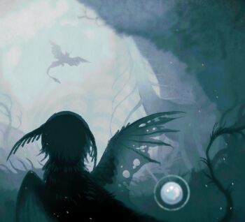  aqua_theme blue_sky cliff commentary creature creature_focus dragon english_commentary fantasy flying from_behind grass human_head jejejunum landscape nethermare no_humans original outdoors plant_roots sky spread_wings torn_wings traditional_harpy wings wither_(jejejunum) 