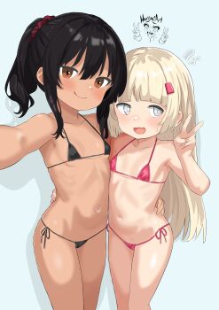  2girls absurdres age_difference bikini black_hair blonde_hair brown_eyes embarrassed female_focus flat_chest grey_eyes hair_ornament hairclip harioqi highres legs loli micro_bikini multiple_girls navel original ponytail side-tie_bikini_bottom simple_background smug stomach sweat swimsuit thighs v white_background 