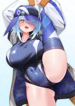  1girl @_@ blue_hair blue_one-piece_swimsuit blush breasts cameltoe competition_swimsuit covered_navel curvy highleg highleg_one-piece_swimsuit highres huge_breasts leg_lift leg_up long_hair looking_at_viewer n4gare_b0shi one-piece_swimsuit one_eye_closed open_mouth orange_eyes original school_swimsuit smile solo split standing standing_on_one_leg standing_split swimsuit swimsuit_under_clothes thighhighs 
