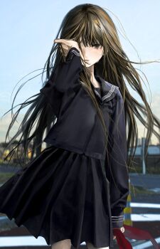  1girl absurdres black_sailor_collar black_serafuku black_shirt black_skirt brown_hair closed_mouth commentary_request crying day highres honnryou_hanaru long_hair long_sleeves looking_at_viewer original outdoors pleated_skirt sailor_collar school_uniform serafuku shirt skirt solo tears wiping_tears  rating:General score:1 user:danbooru