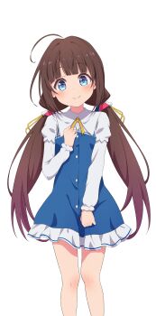 1girl absurdres ahoge blue_dress blue_eyes blush brown_hair cowboy_shot dress frilled_shirt frills hair_ribbon hand_on_own_chest hand_up highres hinatsuru_ai legs long_hair long_sleeves low_twintails na-suke neck_ribbon puffy_long_sleeves puffy_sleeves ribbon ryuuou_no_oshigoto! shirt simple_background smile solo twintails very_long_hair white_background white_shirt yellow_ribbon rating:General score:16 user:danbooru