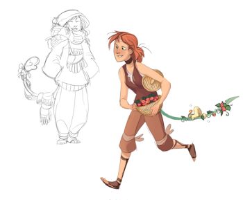  1girl basket breasts brown_choker brown_pants brown_sandals brown_tank_top choker food fruit full_body greekceltic green_eyes jacky_(greekceltic) multiple_persona orange_hair original pants ponytail sandals simple_background smile solo tail tank_top white_background 