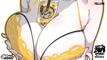  1girl absurdres artist_name bra breast_focus breast_lift breasts bubble_tea bubble_tea_challenge commentary cup disposable_cup drink drinking_straw english_commentary highres jrpencil large_breasts object_on_breast original paid_reward_available simple_background solo underwear underwear_only white_background yellow_bra 