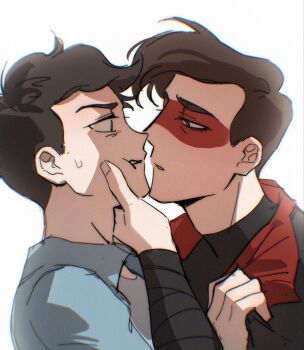  2boys animification anthony_stellar black_bodysuit black_hair black_shirt blue_bodysuit blue_shirt bodysuit brown_hair clothes_grab domino_mask dual_persona elijah_douchnov eye_contact eye_mask facepaint grabbing_another's_shirt hand_on_another's_chin hand_on_another's_face highres imminent_kiss jacket looking_at_another male_focus mask multiple_boys my_student_spirit parted_lips selfcest shirt short_hair simple_background superhero_costume sweatdrop upper_body white_background yaoi yy20251111 