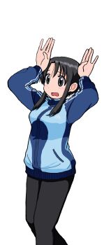  1girl absurdres arms_up azumanga_daiou black_eyes black_hair black_pants blue_jacket commentary embarrassed highres jacket kurosawa_minamo long_hair looking_to_the_side matsum0t00 open_mouth pants simple_background solo track_jacket white_background 