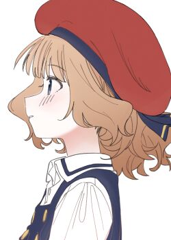  1girl absurdres beret blue_eyes brown_hair commentary_request elementary_schoolmate_(idolmaster) from_side hat highres idolmaster idolmaster_million_live! idolmaster_million_live!_theater_days medium_hair meeeeeeco359 official_alternate_costume parted_lips portrait profile red_hat simple_background solo suou_momoko white_background 