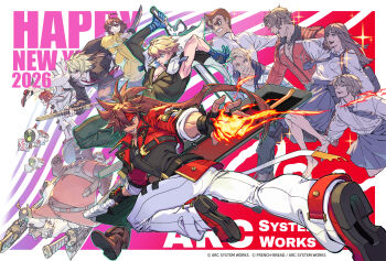  2026 6+boys 6+girls arc_system_works artist_request black_pants black_shirt blonde_hair blue_eyes bodysuit border brown_eyes brown_hair character_request cloak commentary_request company_connection crossover dark-skinned_female dark_skin fire gradient_background group_picture guilty_gear guilty_gear_strive happy_new_year highres holding holding_sword holding_weapon jack-o'_valentine jacket jacket_on_shoulders kido_hyde kunio-kun kunio-kun_series ky_kiske linne_(under_night_in-birth) long_hair multicolored_hair multiple_boys multiple_girls necktie new_year official_art pants purple_background ramlethal_valentine red_background red_hair red_jacket red_necktie shirt short_hair sword two-tone_hair under_night_in-birth weapon white_bodysuit white_border white_hair white_jacket white_pants 