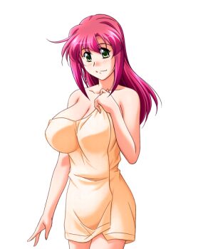  1girl breasts fechi_chichi_kyonyuu_sensei_no_yuuwaku_jugyou green_eyes jinguuji_nozomi large_breasts long_hair non-web_source pink_hair solo tachi-e towel yamane_masahiro 