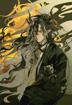  1boy arknights bandaged_neck bandages black_bandages black_coat black_eyes black_hair chest_tattoo chinese_clothes closed_mouth clothing_request coat commentary_request dragon_boy dragon_horns earrings eastern_dragon_horns expressionless gold_earrings hair_between_eyes heterochromia highres horns jewelry long_hair long_sleeves looking_at_viewer male_focus multicolored_hair open_clothes open_coat parted_bangs pointy_ears ringein single_earring solo streaked_hair tattoo wang_(arknights) white_hair yellow_eyes 