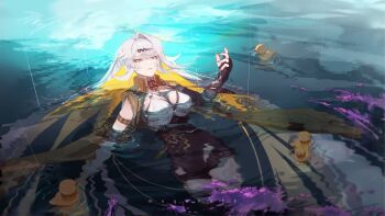  1girl absurdres asymmetrical_gloves black_unitard breasts elbow_gloves fingerless_gloves gloves hair_ornament highres jacket large_breasts long_hair lying muyu_bu_huahua partially_submerged rain rubber_duck single_elbow_glove single_hair_intake solo uneven_gloves water white_hair yellow_eyes yellow_jacket yin_yang_pin yixuan_(zenless_zone_zero) zenless_zone_zero 